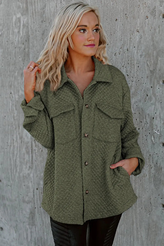 Retro Quilted Flap Pocket Button Shacket - Outerwear/Jackets