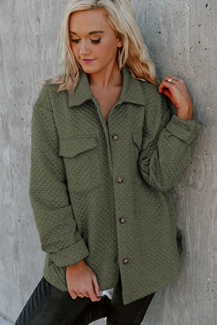 Retro Quilted Flap Pocket Button Shacket - Outerwear/Jackets