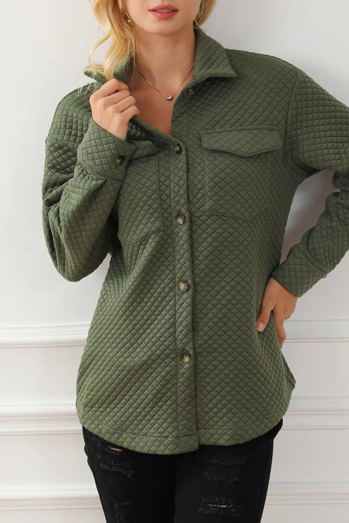 Retro Quilted Flap Pocket Button Shacket - Outerwear/Jackets