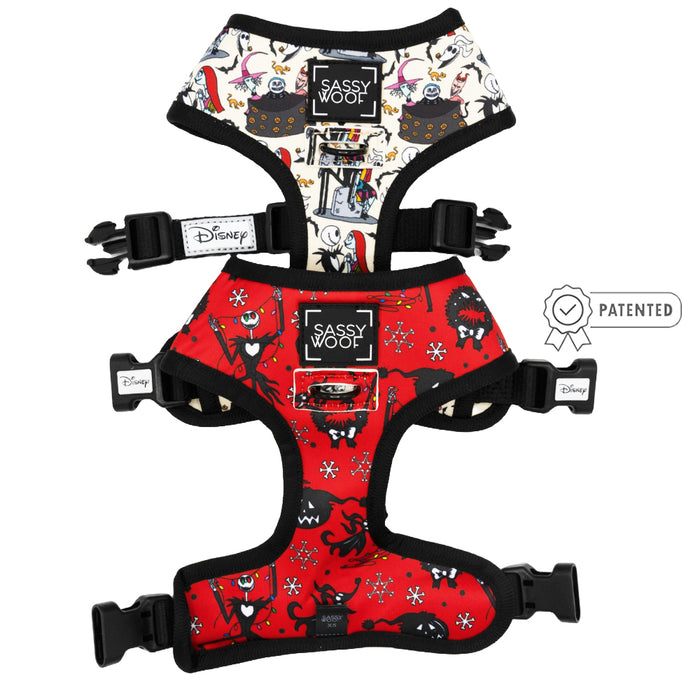 Two adjustable Sassy Woof harnesses: one with a white background and colorful Disney villains, the other is the Reversible Harness - The Nightmare Before Christmas™, featuring red fabric with black villains and snowflakes.