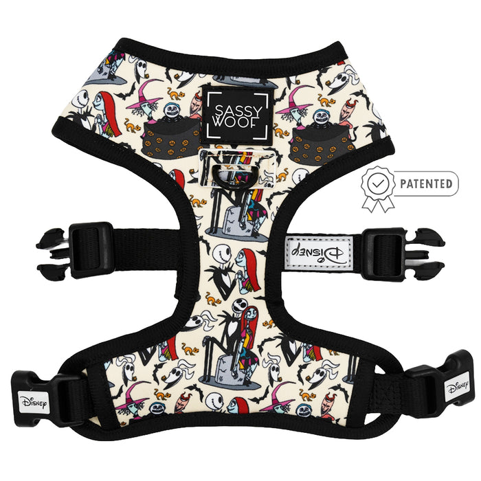 The Sassy Woof Reversible Harness - The Nightmare Before Christmas™ features colorful, playful designs with iconic characters. This adjustable harness grows with your pup and includes the Puppy Growth Pawtection Plan.