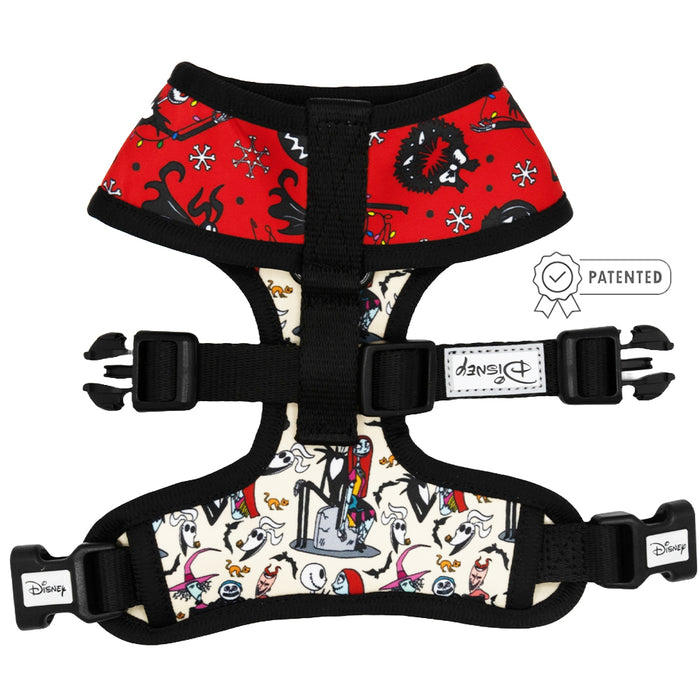 The Sassy Woof Reversible Harness - The Nightmare Before Christmas™ features Disney branding, red Halloween-themed cartoon print with snowflakes on top, and an adjustable design for your pup’s comfort as they grow.
