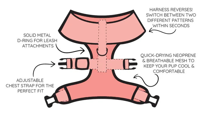 Diagram of the Sassy Woof Reversible Harness - The Nightmare Before Christmas™ in pink, showing features: solid metal D-ring, adjustable chest strap, quick-dry neoprene, breathable mesh, and reversible two-pattern design.