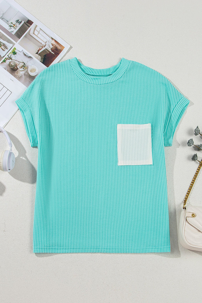 Ribbed Knit Colour Block Pocketed Crew Neck T Shirt - Tops/Tops & Tees