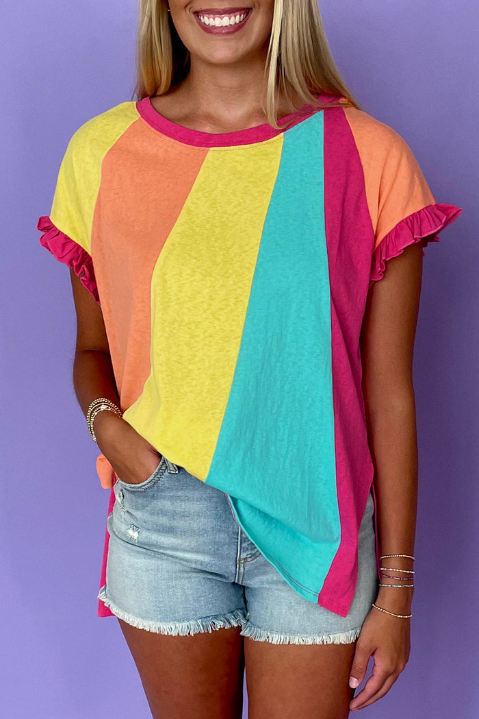 Rose Red Colour Block Ruffled Crew Neck Loose Fit T Shirt - S / 95% Cotton + 5% Elastane - Tops/Tops & Tees