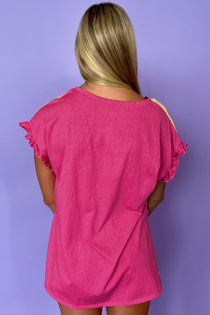 Rose Red Colour Block Ruffled Crew Neck Loose Fit T Shirt - Tops/Tops & Tees