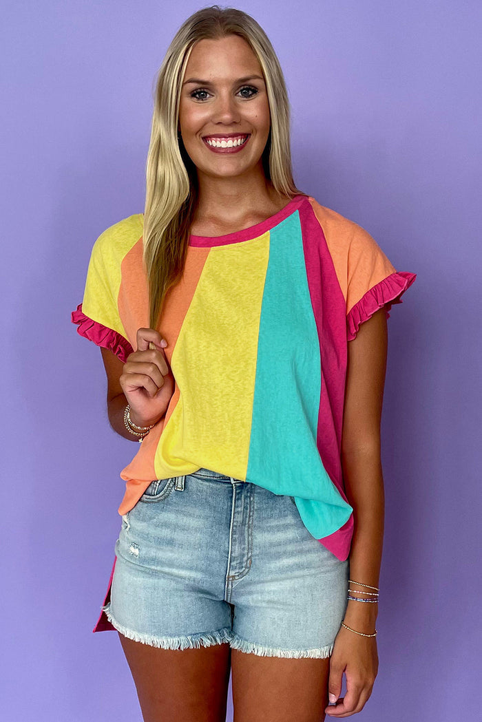 Rose Red Colour Block Ruffled Crew Neck Loose Fit T Shirt - Tops/Tops & Tees