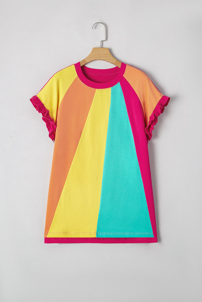 Rose Red Colour Block Ruffled Crew Neck Loose Fit T Shirt - Tops/Tops & Tees