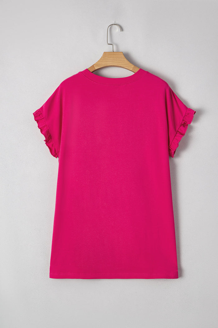 Rose Red Colour Block Ruffled Crew Neck Loose Fit T Shirt - Tops/Tops & Tees