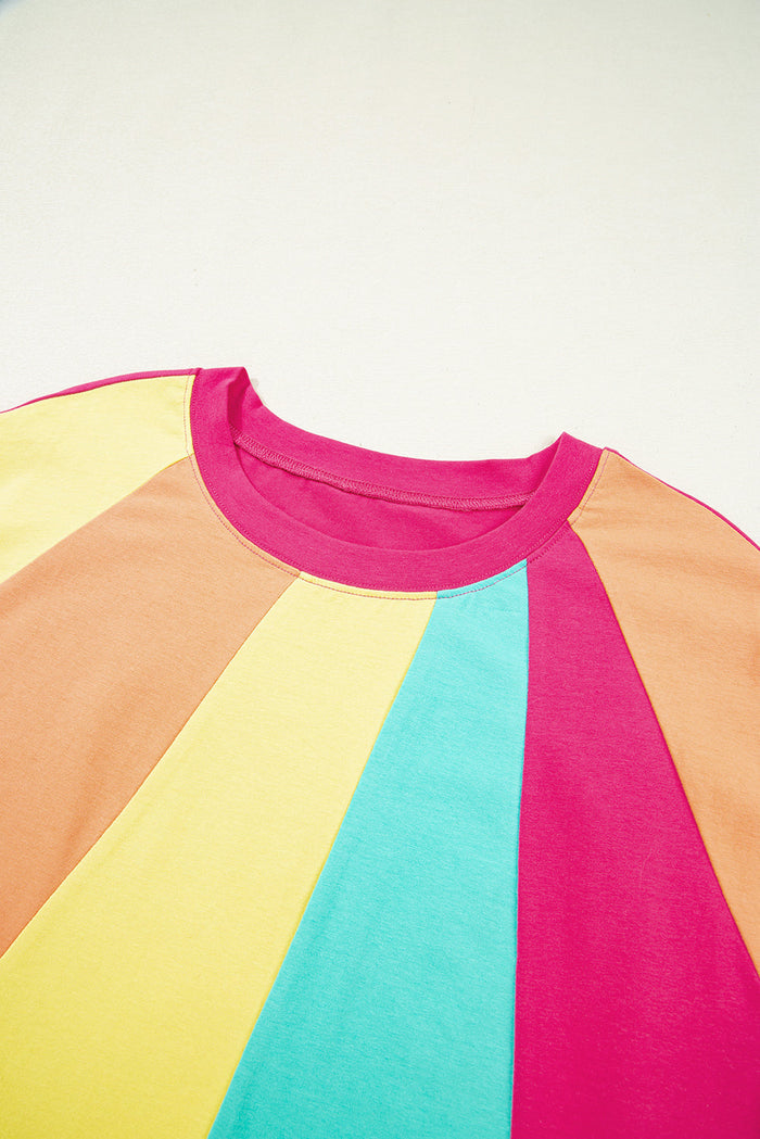 Rose Red Colour Block Ruffled Crew Neck Loose Fit T Shirt - Tops/Tops & Tees