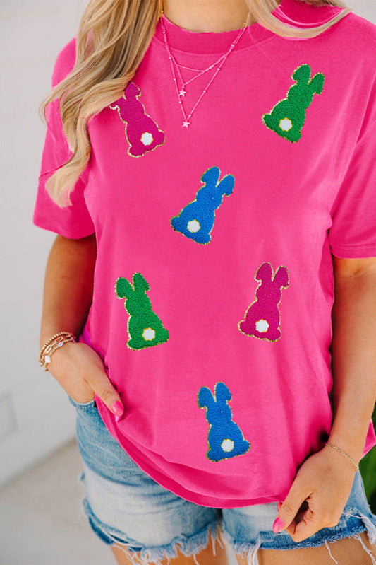 Rose Red Easter Rabbit Chenille Patched Pattern Crew Neck Tee - S / 62% Polyester + 32% Cotton + 6% Elastane