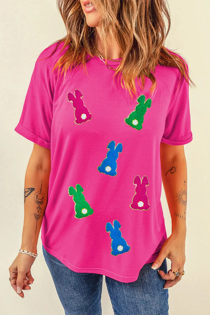 Rose Red Easter Rabbit Chenille Patched Pattern Crew Neck Tee - Graphic/Graphic Tees