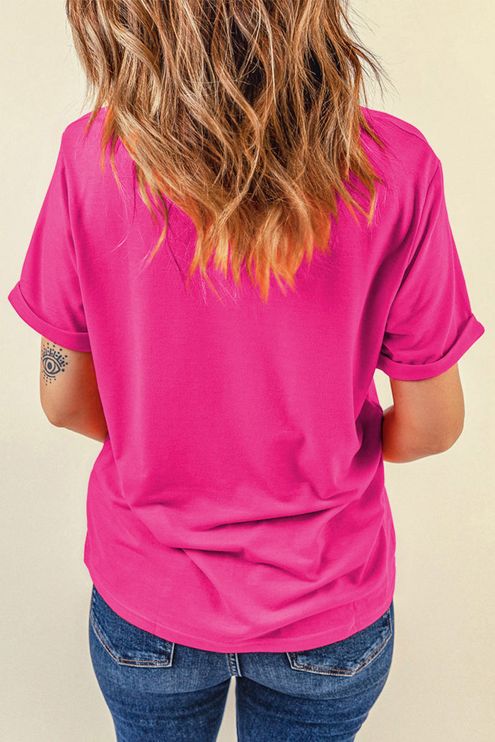 Rose Red Easter Rabbit Chenille Patched Pattern Crew Neck Tee - Graphic/Graphic Tees