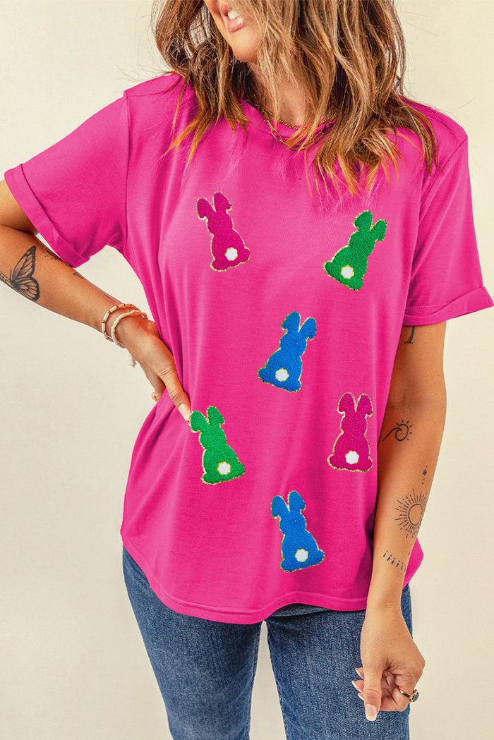 Rose Red Easter Rabbit Chenille Patched Pattern Crew Neck Tee - Graphic/Graphic Tees