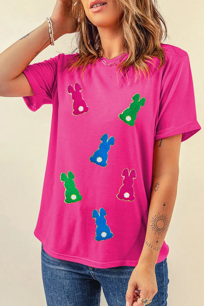 Rose Red Easter Rabbit Chenille Patched Pattern Crew Neck Tee - Graphic/Graphic Tees