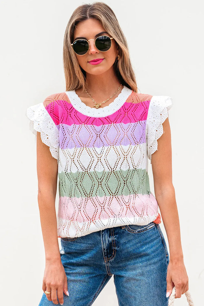 Rose Stripe Colourblock Hollowed Knit Scallop Edge Sweater Vest - Tops/Tops & Tees
