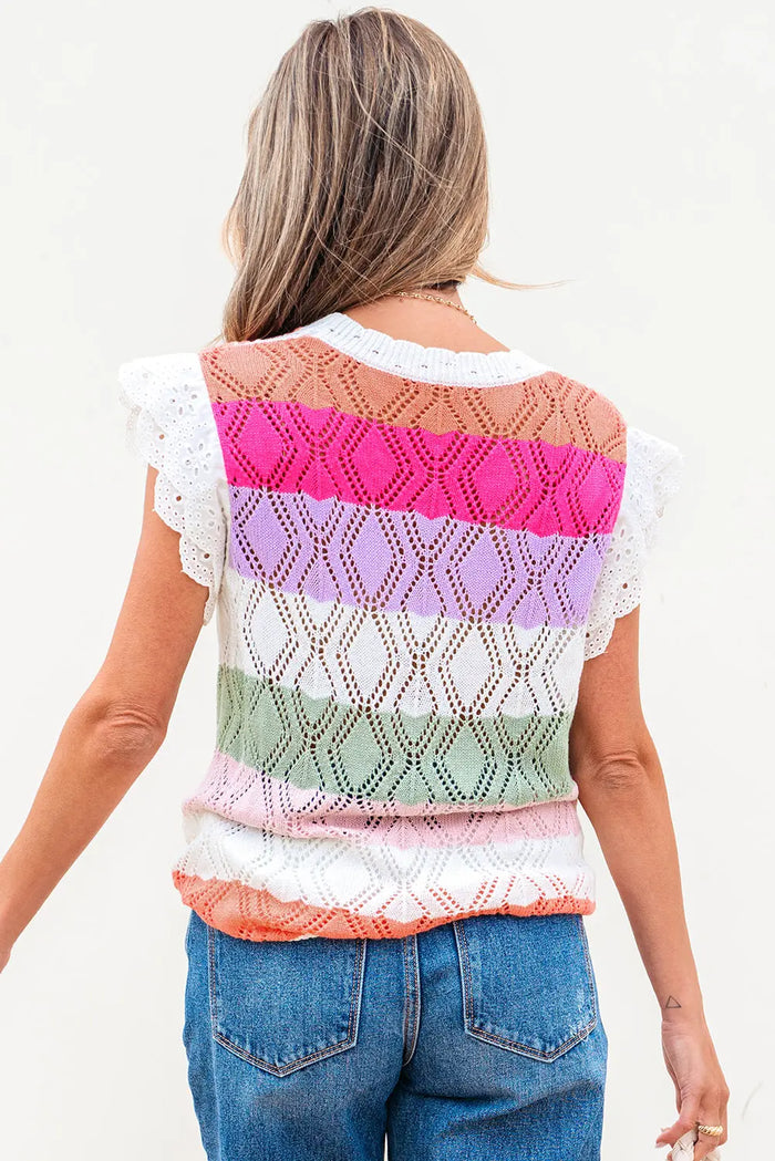 Rose Stripe Colourblock Hollowed Knit Scallop Edge Sweater Vest - Tops/Tops & Tees