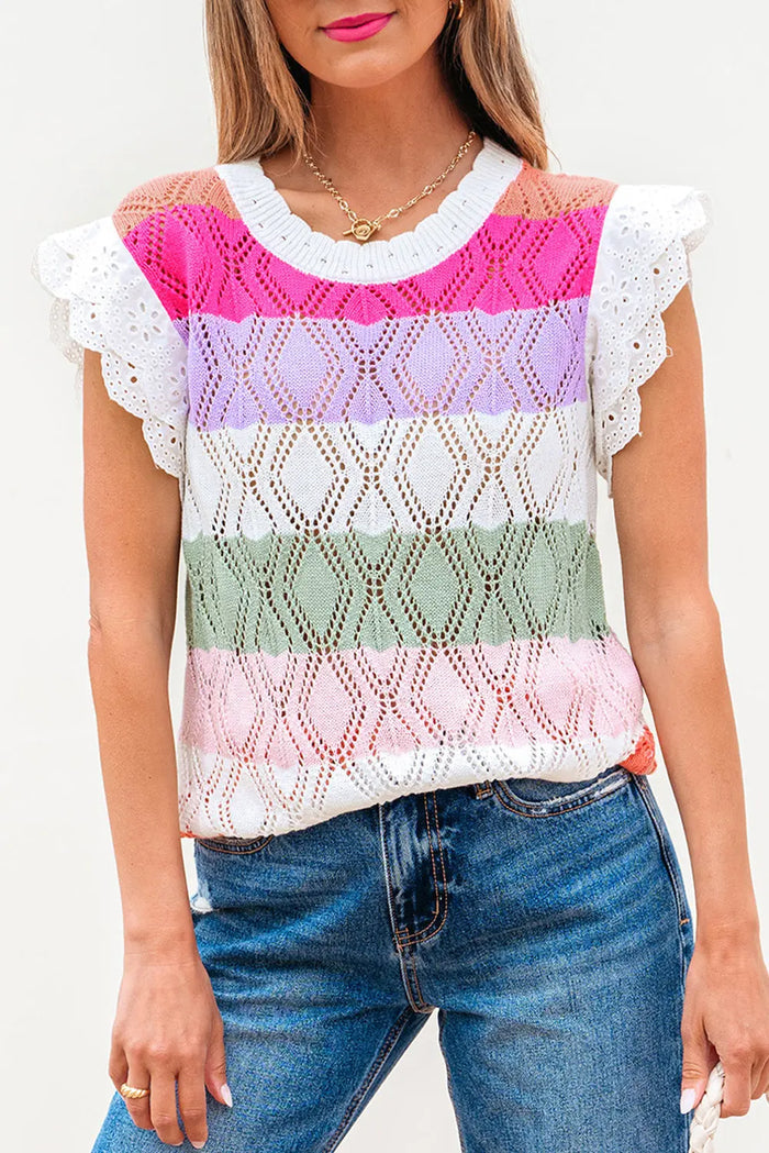 Rose Stripe Colourblock Hollowed Knit Scallop Edge Sweater Vest - Tops/Tops & Tees