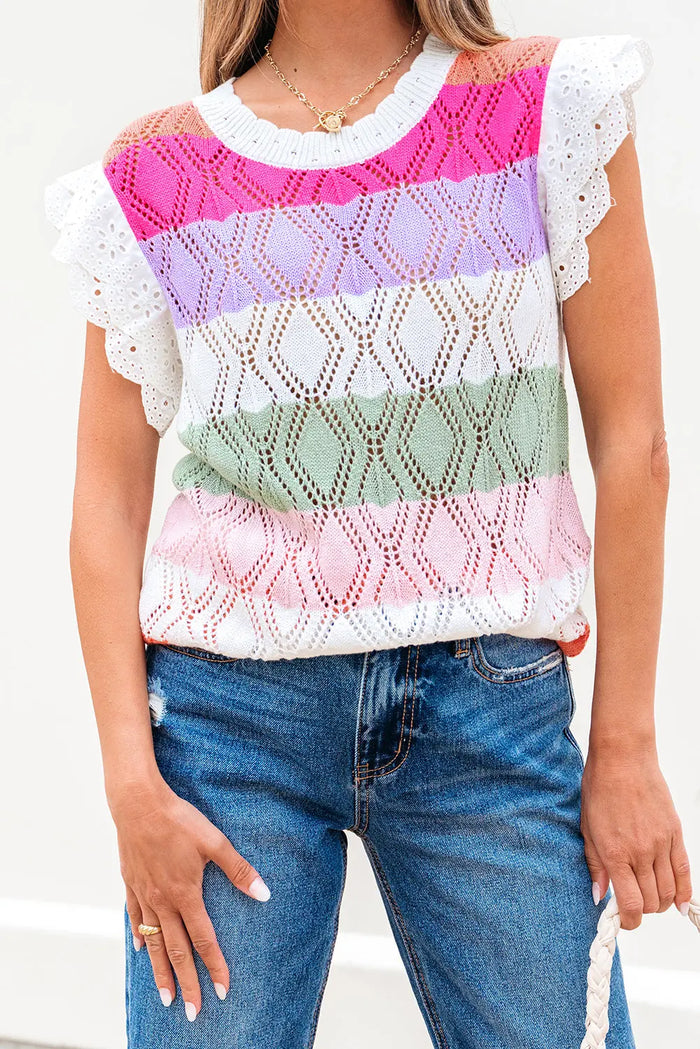 Rose Stripe Colourblock Hollowed Knit Scallop Edge Sweater Vest - Tops/Tops & Tees