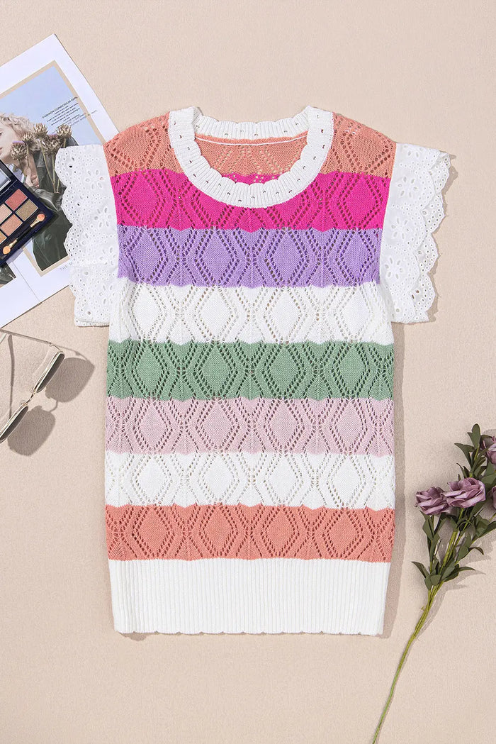 Rose Stripe Colourblock Hollowed Knit Scallop Edge Sweater Vest - Tops/Tops & Tees
