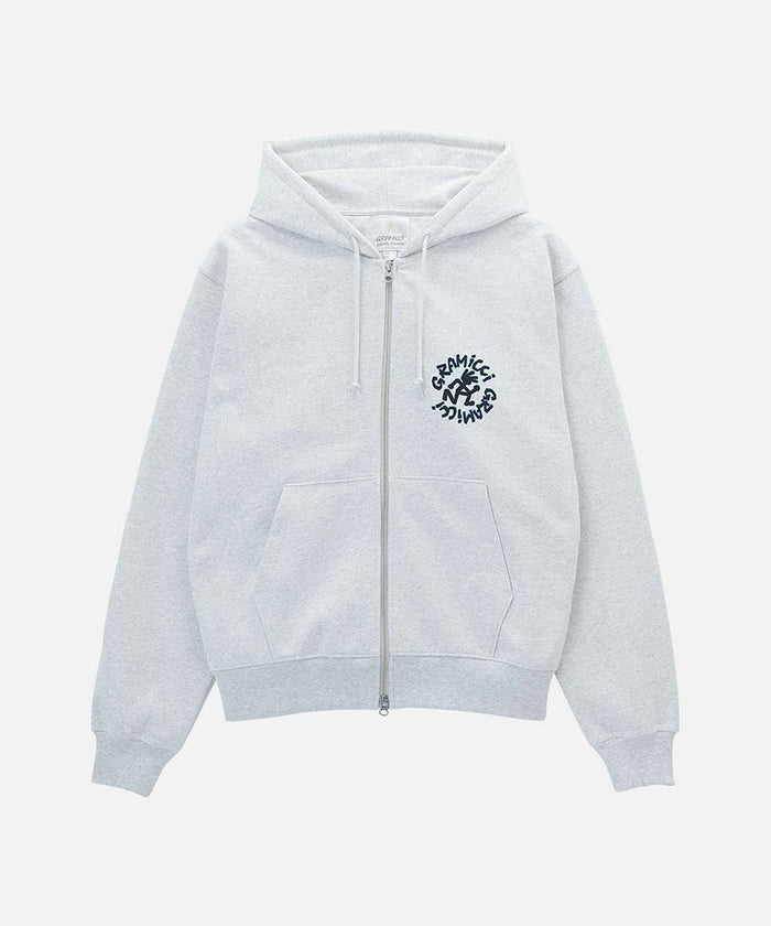 Heather ash Gramicci Running Man Zip Hooded Sweatshirt against a light-tone background.