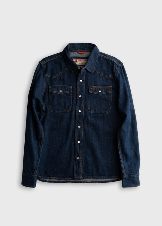 Dark denim shirt with button-down front and two chest pockets, laid flat on a light background.