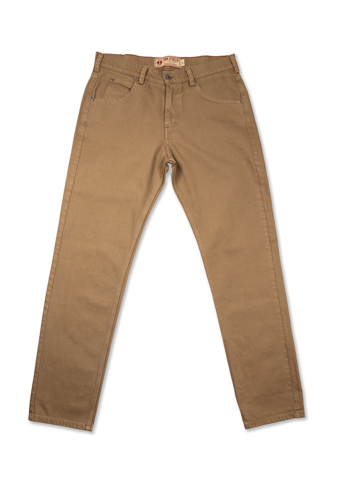 Brown denim jeans with a classic five-pocket design, displayed flat against a white background, showcasing their casual style.