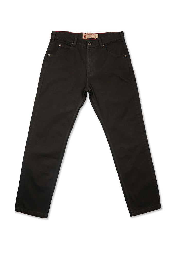 Black jeans with a classic five-pocket design, button closure, and belt loops, laid flat on a white background.