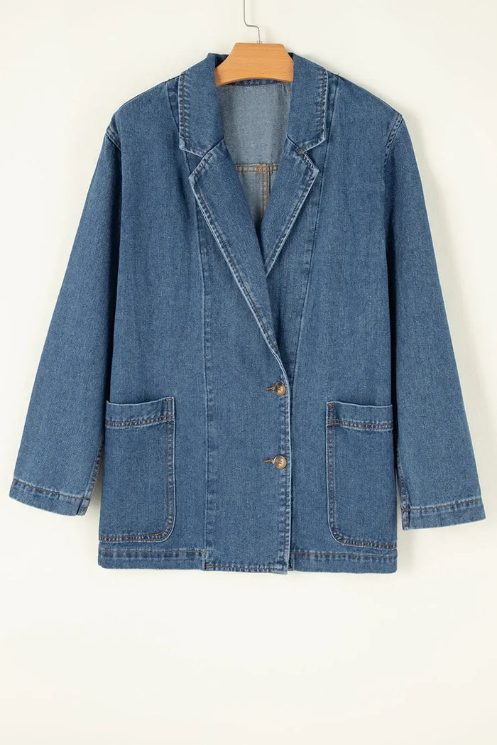 Sail Blue Side Pockets Lapel Collar Denim Jacket - Outerwear/Denim jackets