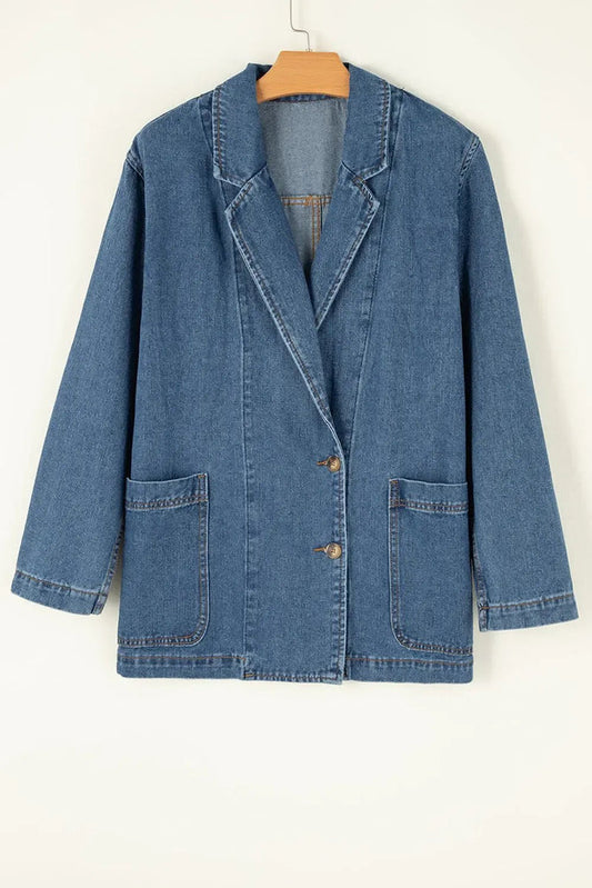 Sail Blue Side Pockets Lapel Collar Denim Jacket - Outerwear/Denim jackets