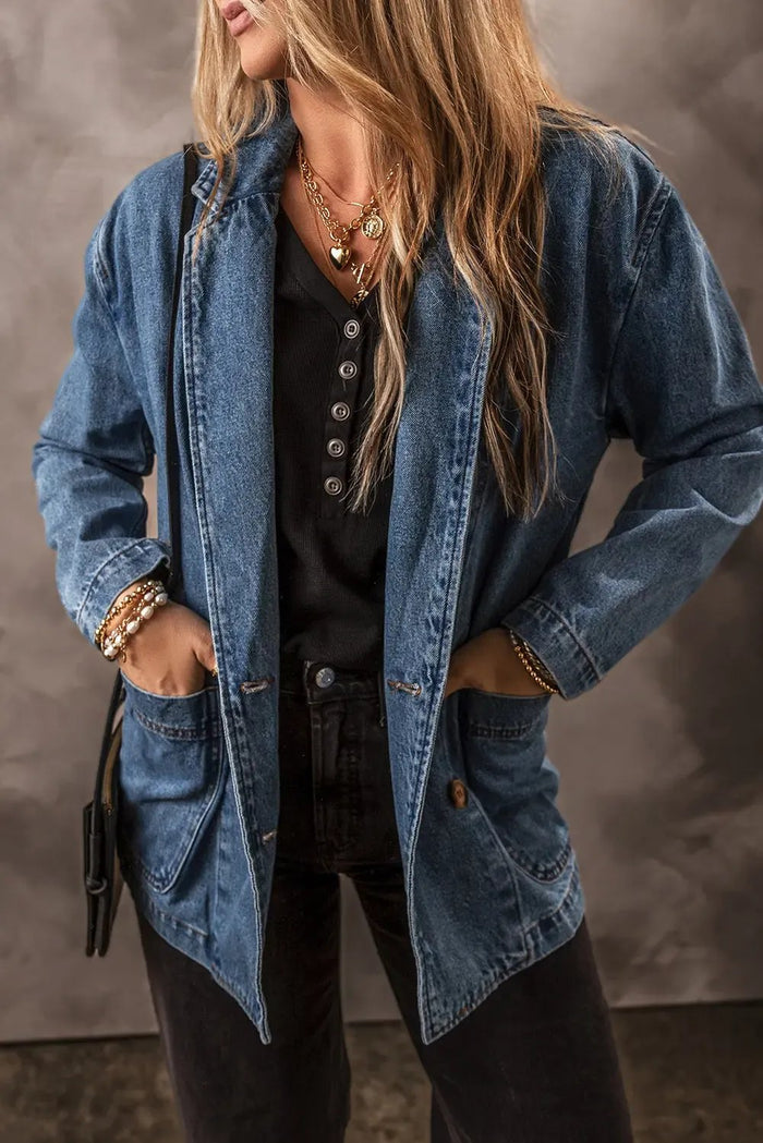 Sail Blue Side Pockets Lapel Collar Denim Jacket - SAIL BLUE / S / 75% COTTON + 25% POLYESTER - Outerwear/Denim jackets