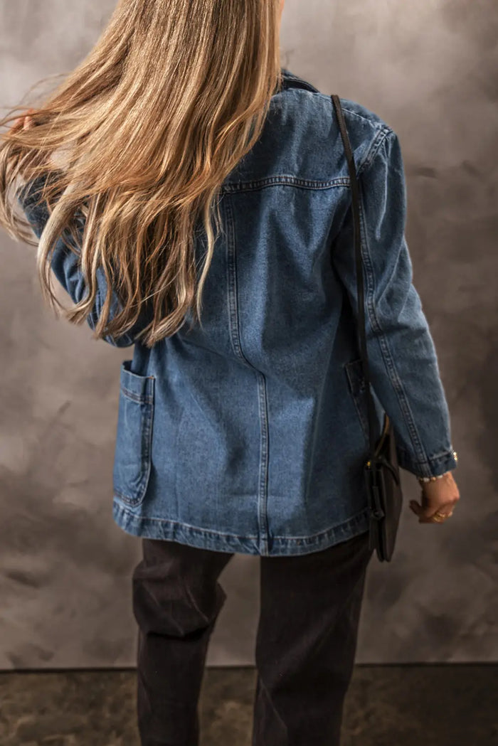 Sail Blue Side Pockets Lapel Collar Denim Jacket - Outerwear/Denim jackets