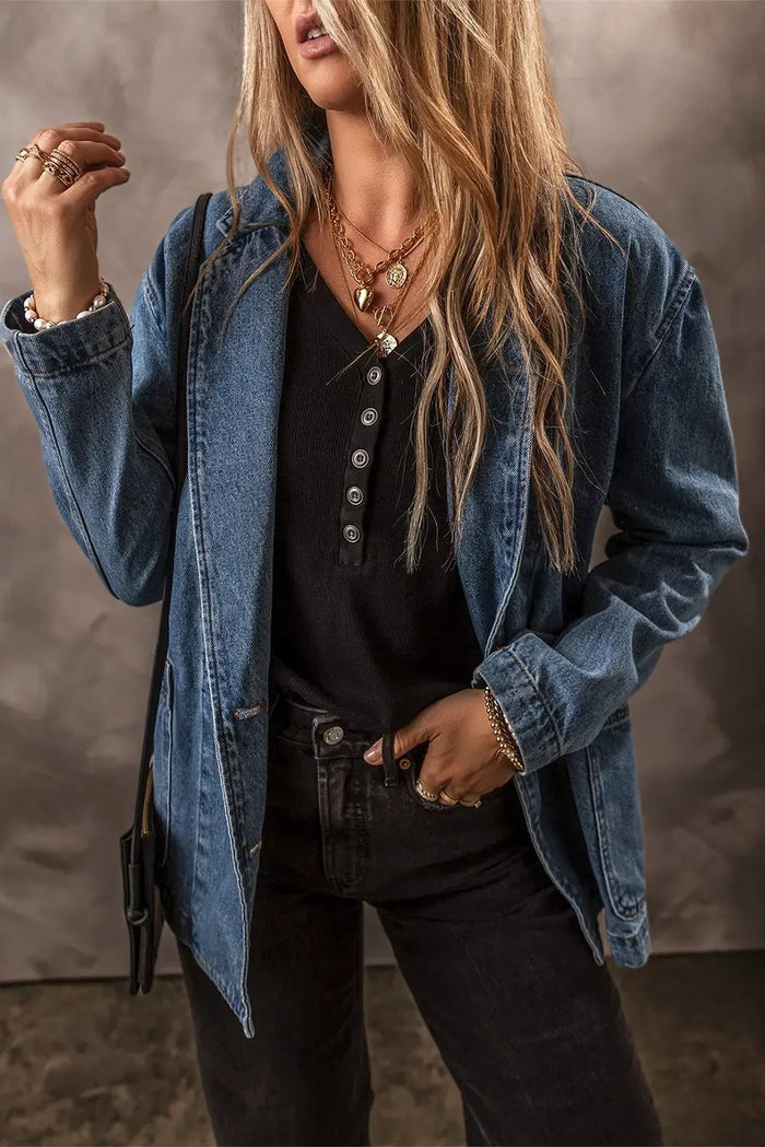 Sail Blue Side Pockets Lapel Collar Denim Jacket - Outerwear/Denim jackets