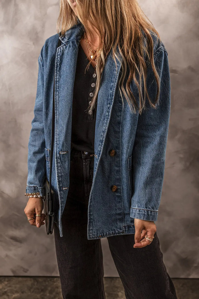 Sail Blue Side Pockets Lapel Collar Denim Jacket - Outerwear/Denim jackets