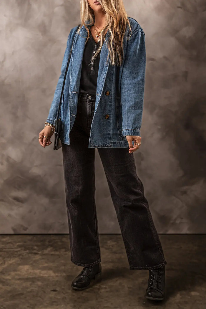 Sail Blue Side Pockets Lapel Collar Denim Jacket - Outerwear/Denim jackets
