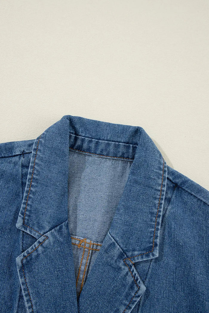 Sail Blue Side Pockets Lapel Collar Denim Jacket - Outerwear/Denim jackets