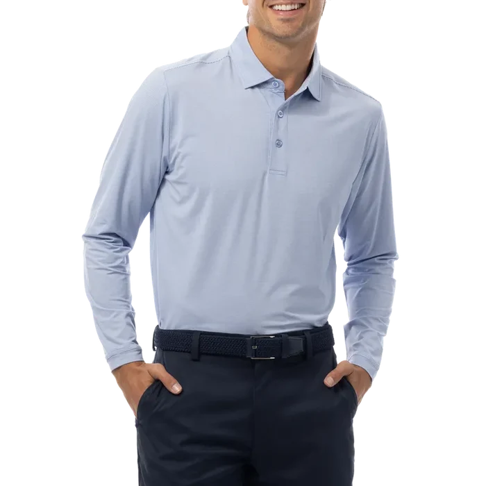 SanSoleil Men's Melange Stripe L/S Polo - Blue/White