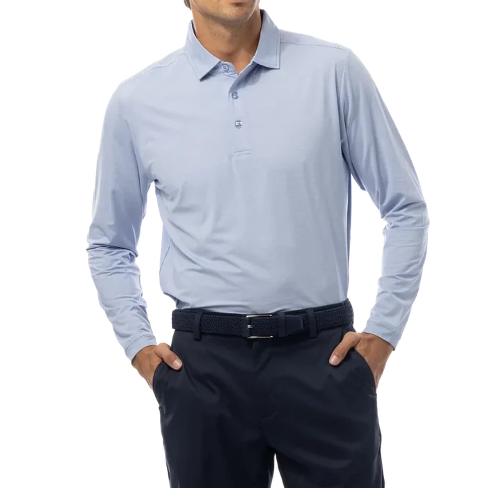 SanSoleil Men's Melange Stripe L/S Polo - Blue/White
