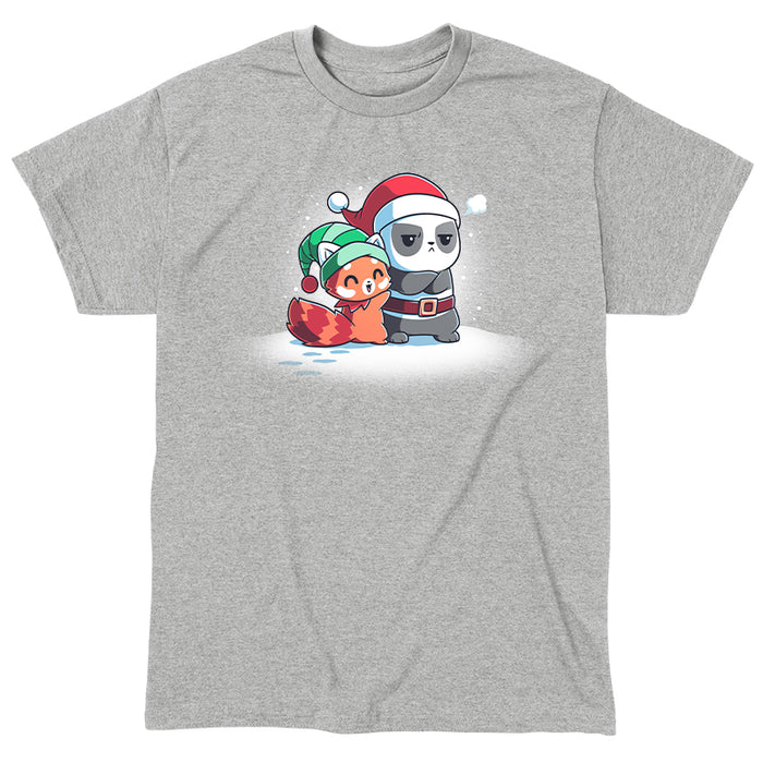 Classic Cotton T-shirt_TeeTurtle Santa Hug heather gray t-shirt featuring a red panda wearing a green elf hat, hugging a grumpy panda dressed as Santa Claus on a snowy ground.