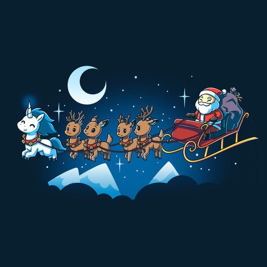 Premium Cotton T-shirt - Santa Claus and his reindeer zoom across the night sky in a navy blue sleigh, spreading holiday cheer. Whether printed on a apparel or depicted as Santa's Favorite Unicorn by TeeTurtle, this whimsical scene captures the.