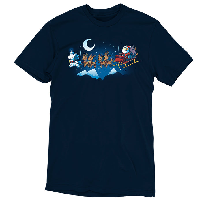 Premium Cotton T-shirt - Santa Claus and his reindeer zoom across the night sky in a navy blue sleigh, spreading holiday cheer. Whether printed on a apparel or depicted as Santa's Favorite Unicorn by TeeTurtle, this whimsical scene captures the.
