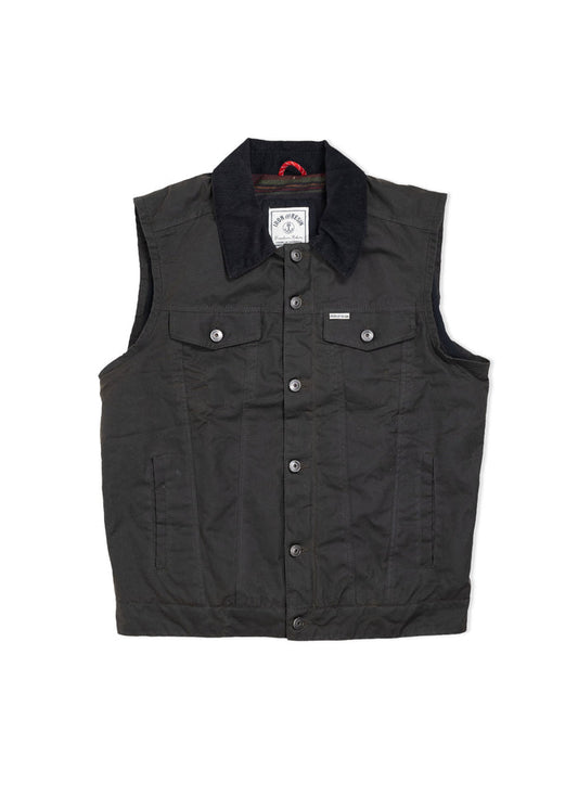 Dark sleeveless vest with button front, two chest pockets, and a black collar. Simple, rugged design for versatile wear.