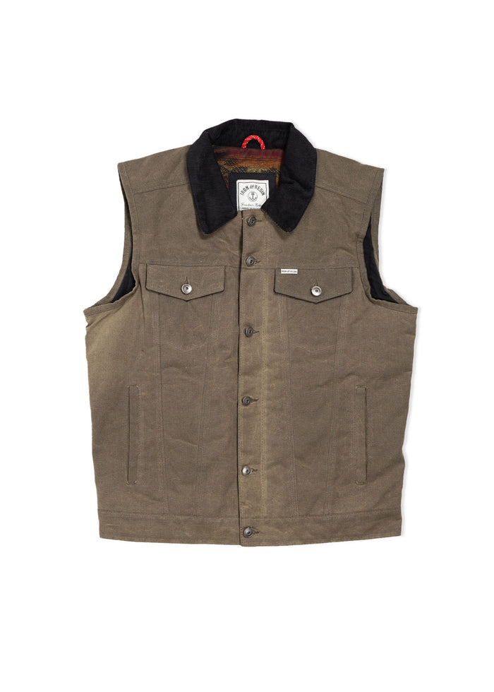 Brown waxed canvas vest with black collar, button front, and two chest pockets. Classic rugged style with durable fabric.