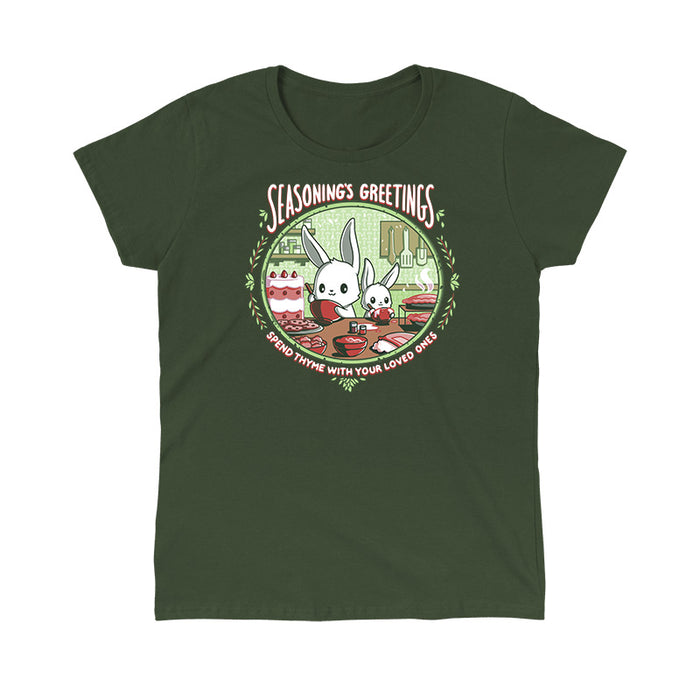 Classic Cotton T-shirt_TeeTurtle forest green Seasoning's Greetings apparel featuring two cartoon rabbits preparing food in a kitchen with the text "SEASONING'S GREETINGS" above them and "Spend Thyme With Your Loved Ones" below. Holiday baking decorations frame the scene.