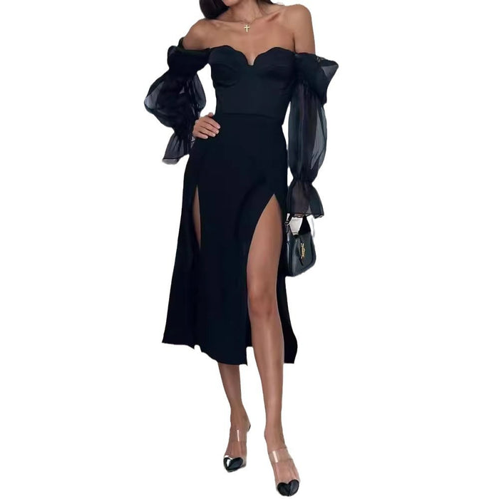 Lantern Sleeve Tube Top Dress: Women's Slim Fit in Black – High Waist Elegance
