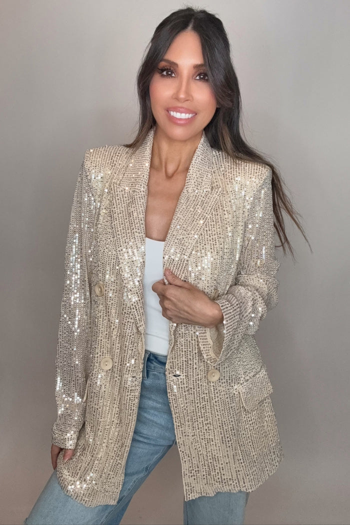 Style the Sequin Detail Open Front Long Sleeve Blazer exclusively at Born To Glam
