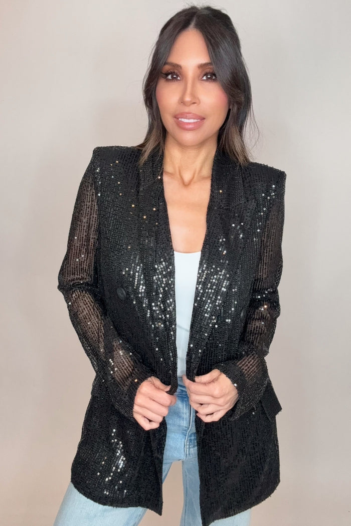 Style the Sequin Detail Open Front Long Sleeve Blazer exclusively at Born To Glam