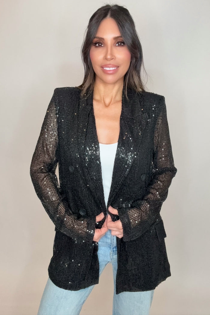 Style the Sequin Detail Open Front Long Sleeve Blazer exclusively at Born To Glam