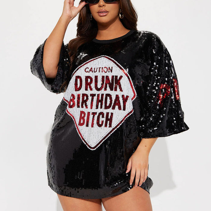 Dark Blue Sequins Dress Featuring White Bull Head – Casual Half-Sleeve Glitter Vibes