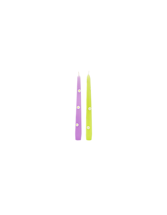 SET OF TWO DAISY CANDLES PURPLE/GREEN